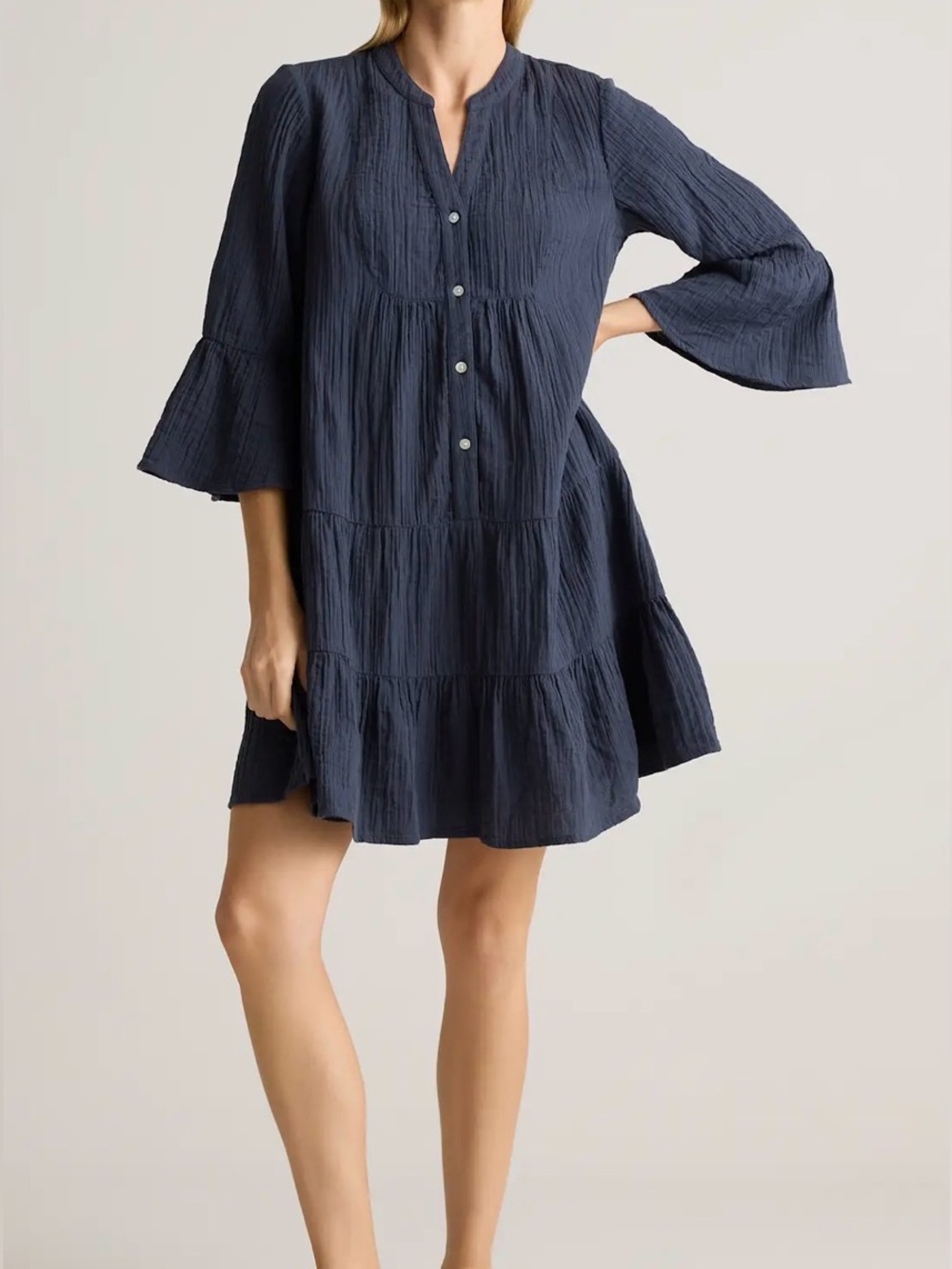 Quince Tiered Mini Dress in Indigo Blue NWT